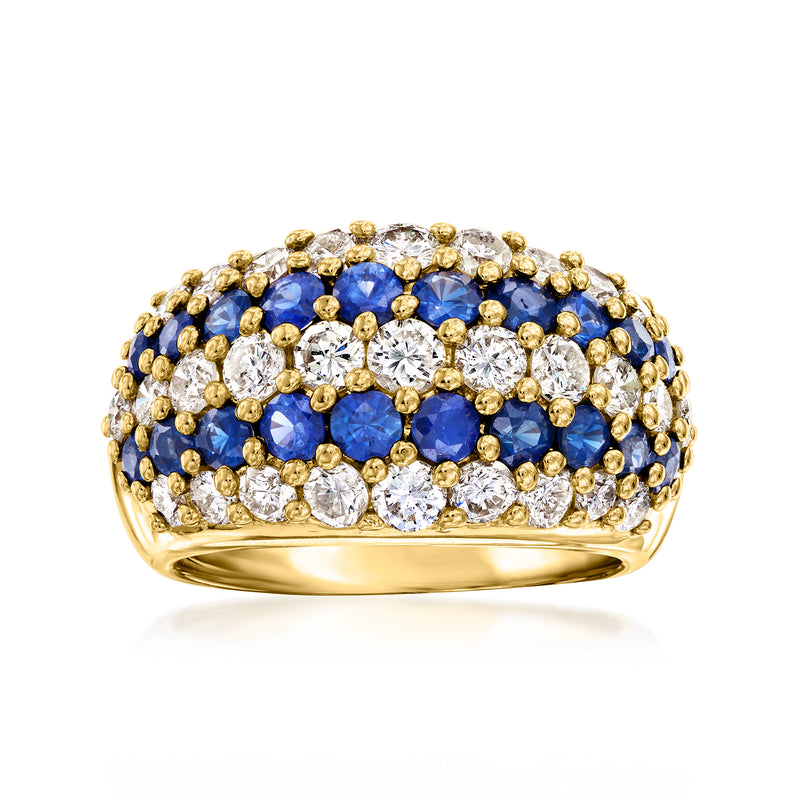 Yellow gold multi-row ring with blue sapphires and white diamonds, domed top