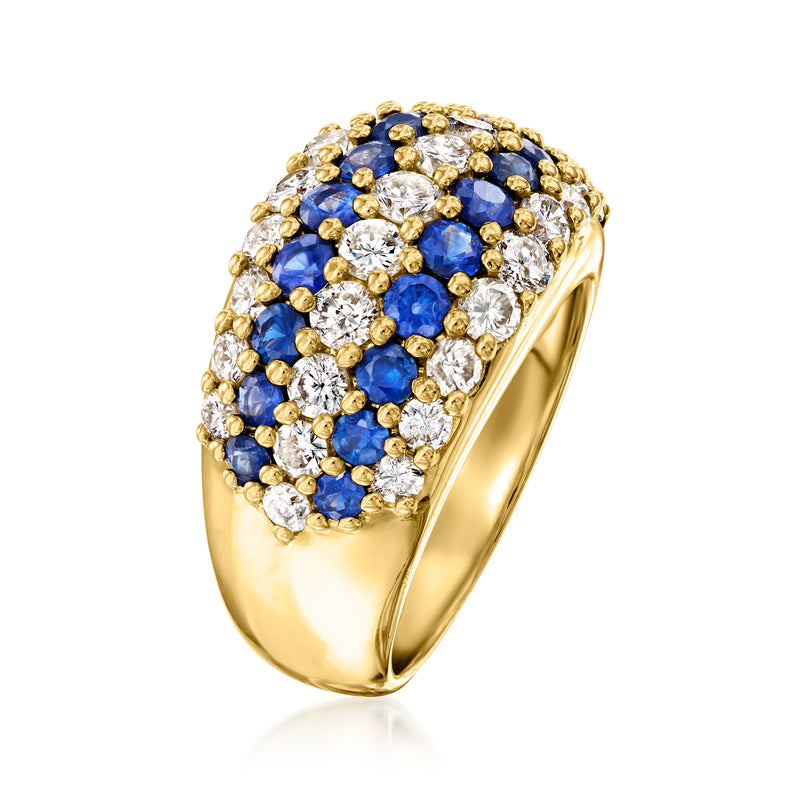 Yellow gold domed ring with blue sapphire rows and round white diamond accents