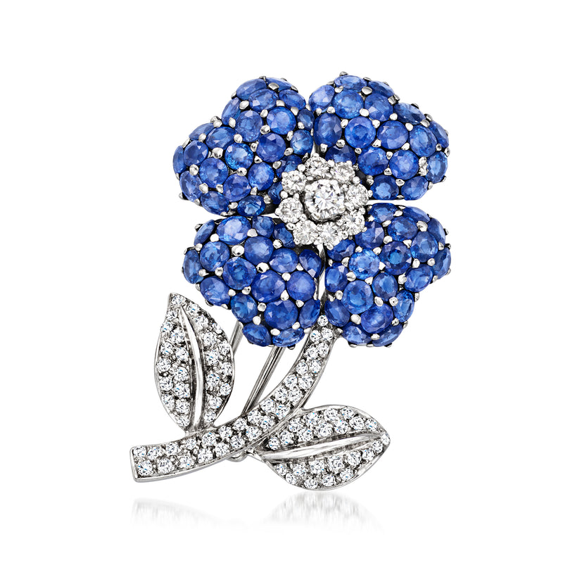 Vintage sapphire and diamond flower pin in 18kt white gold