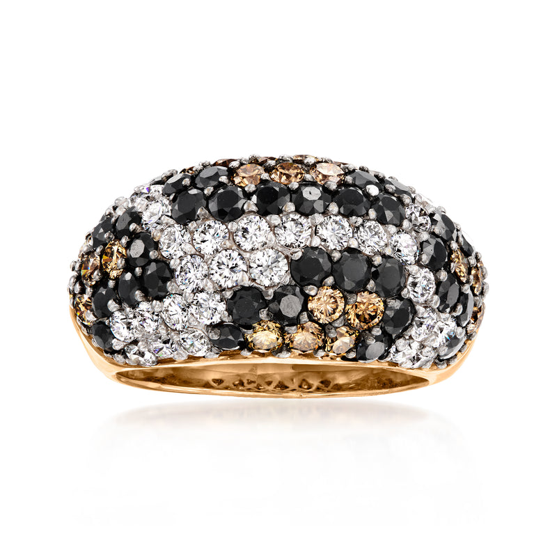 Yellow gold cluster ring with black and white stones, plus champagne accents