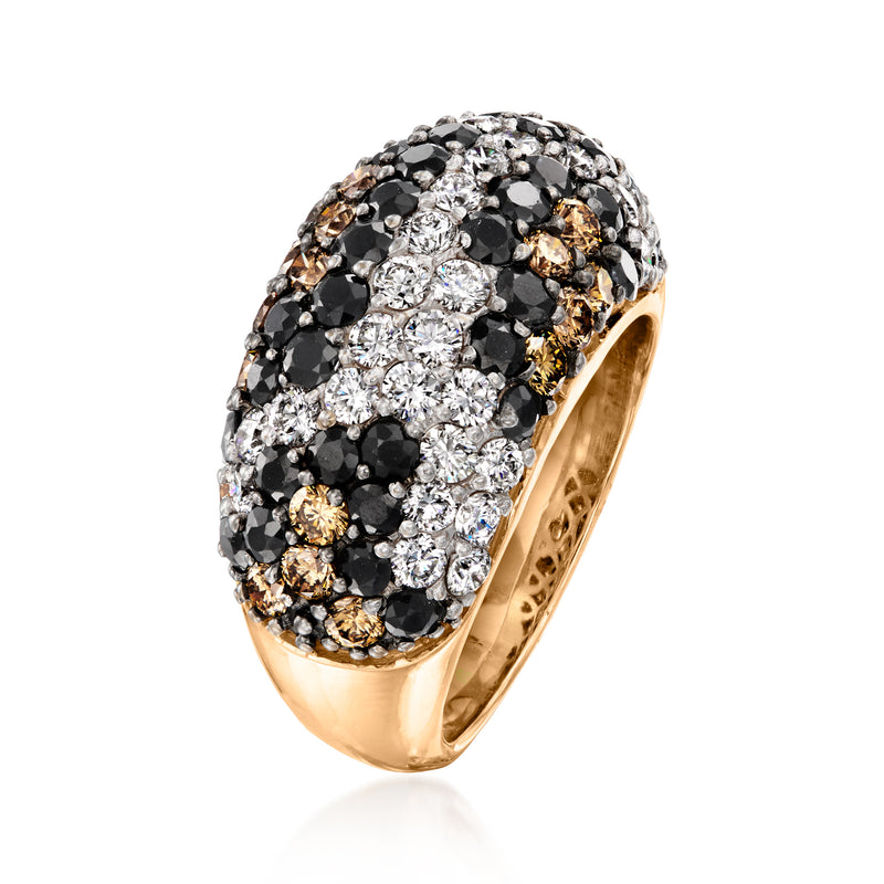 Yellow gold oval ring with black and white diamond clusters and champagne stones