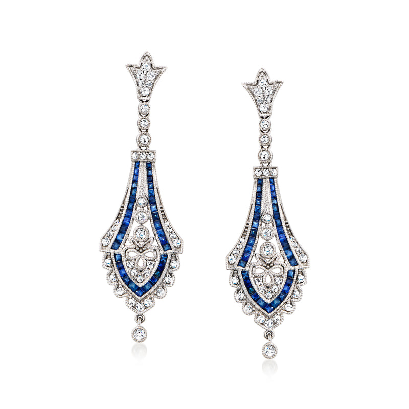 14kt white gold sapphire and diamond drop earrings, blue and clear stones in chandelier design