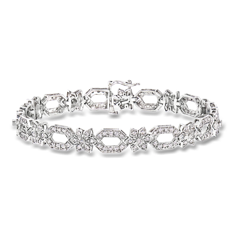 14kt white gold diamond oval and flower-link bracelet with sparkling stone links