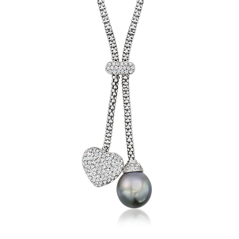 Vintage black cultured pearl and diamond bolo necklace in white gold