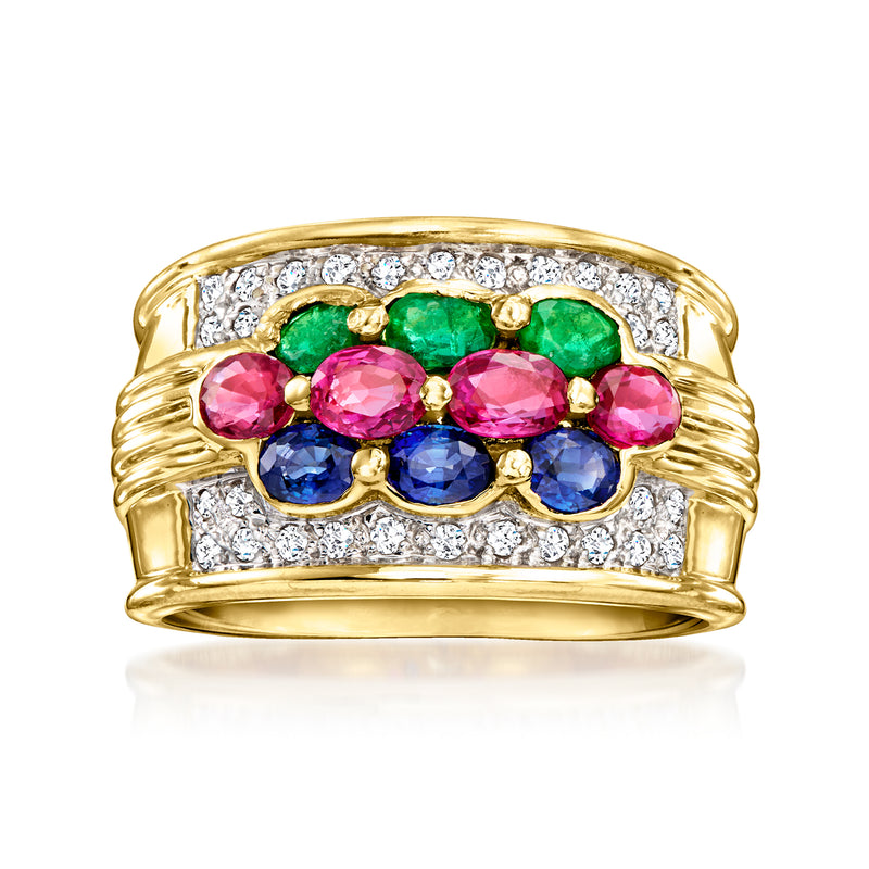 18k yellow gold vintage ring with pink, blue, and green gemstones and diamond accents