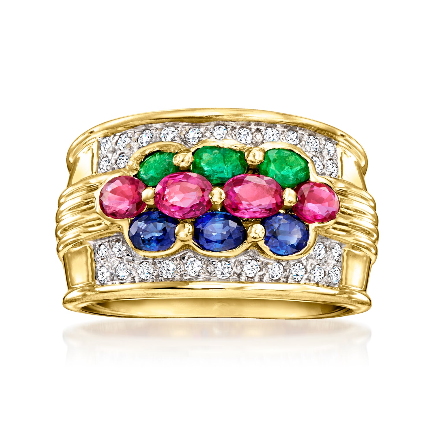 C. 1980 Vintage 1.70 ct. t.w. Multi-Gemstone and .30 ct. t.w. Diamond Ring in 18kt Yellow Gold