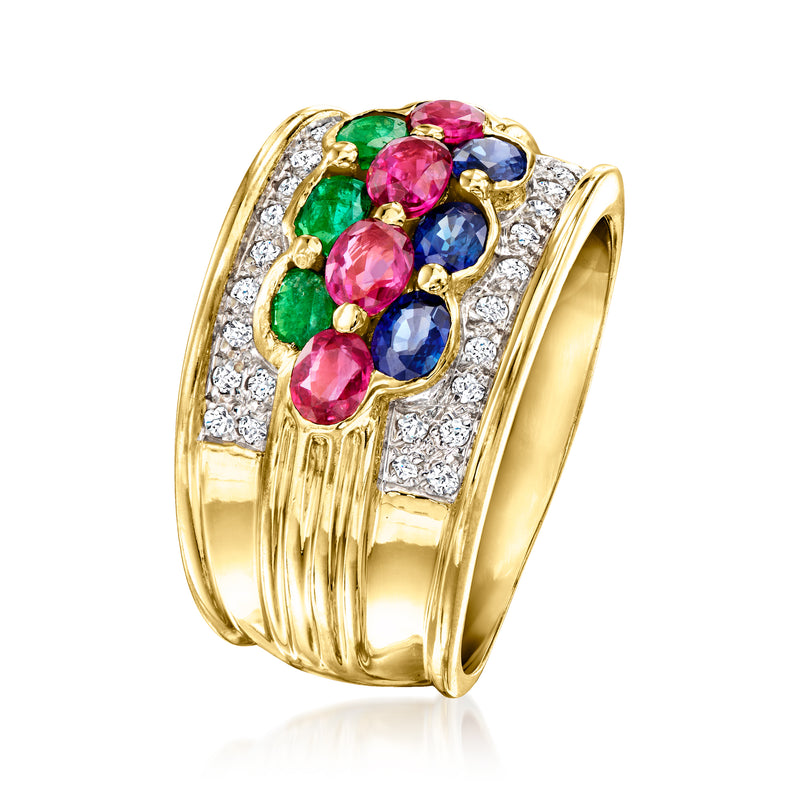 18k yellow gold ring with multicolor gemstones in an oval setting and white diamond inlay
