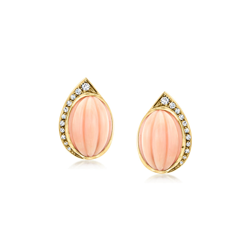 Teardrop coral earrings in 18kt yellow gold with diamond halo and post backs