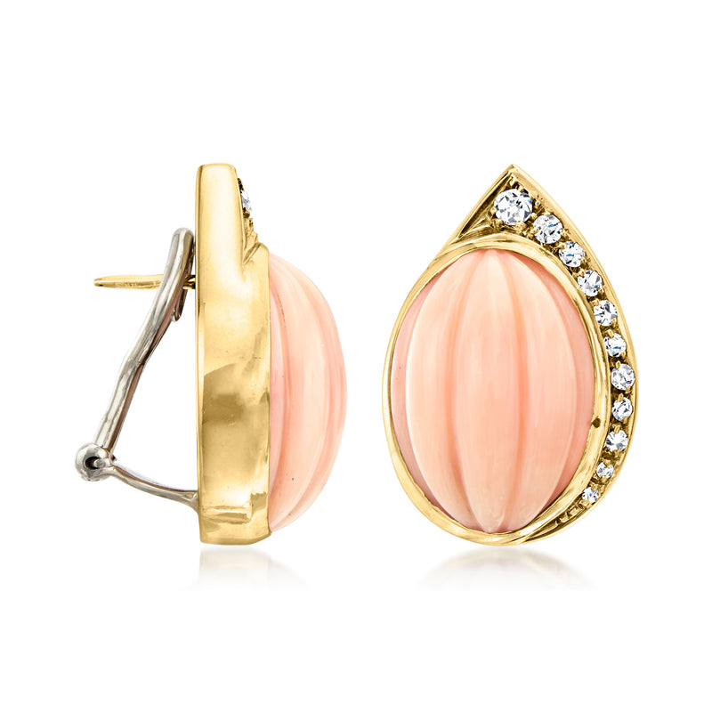 Coral teardrop earrings in 18kt yellow gold with diamond accents; side view and post