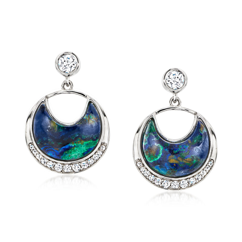 Sterling silver drop earrings with blue opal-like cabochon and clear round accents