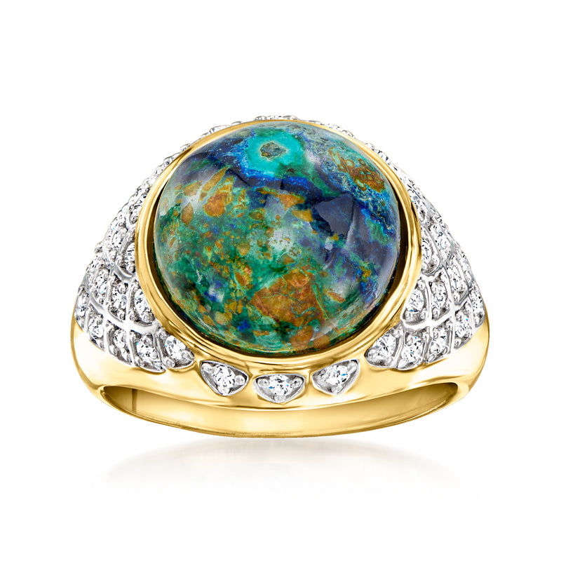 Azurmalachite oval ring in 18kt gold over sterling with clear stone halo