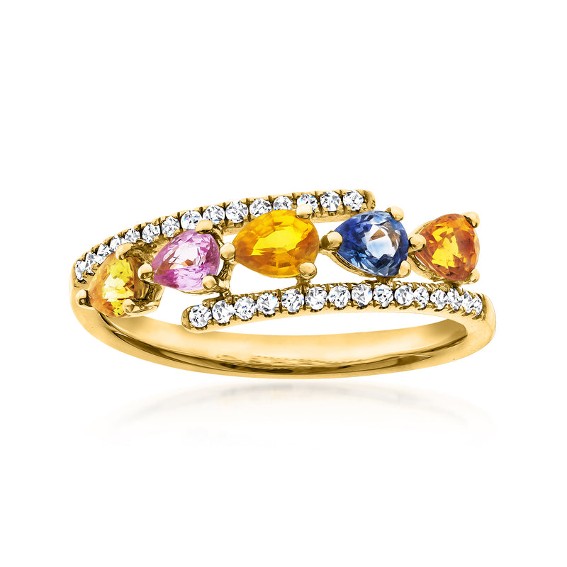 14kt yellow gold ring with multicolored sapphire stones and diamond accents