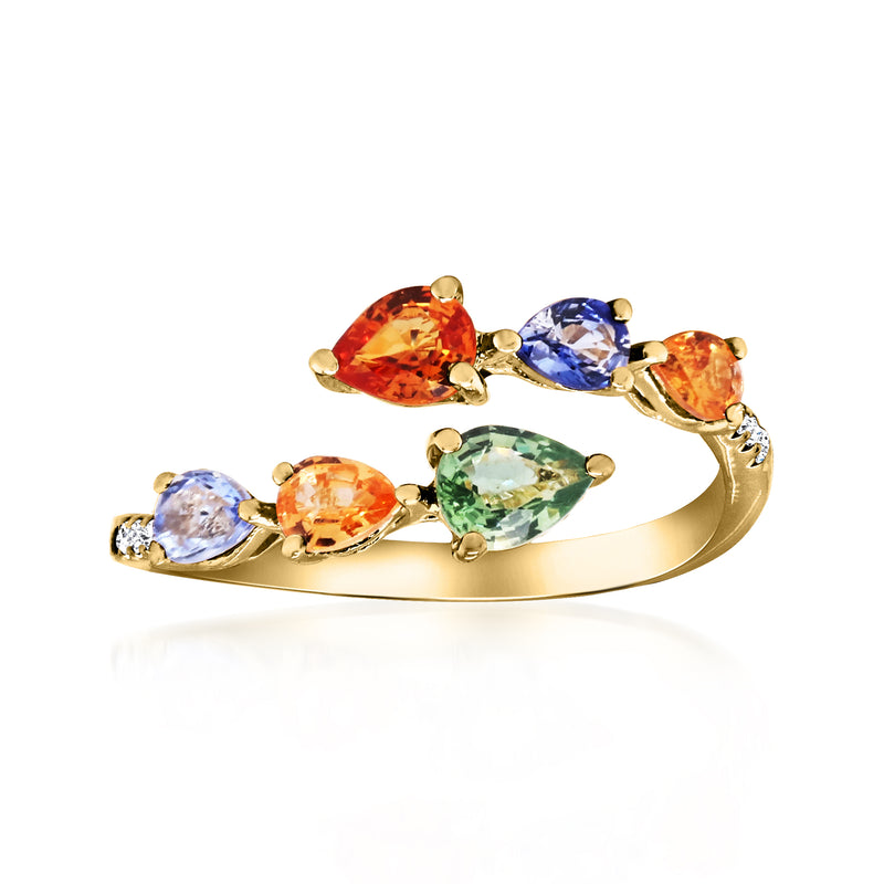 14kt yellow gold bypass ring with multicolored mixed-cut sapphire stones and diamond details
