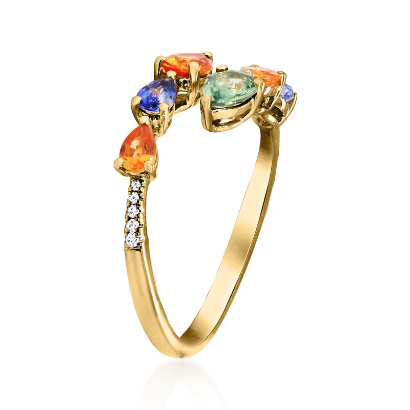 14kt yellow gold bypass ring with multicolored sapphire gemstones and diamond accents