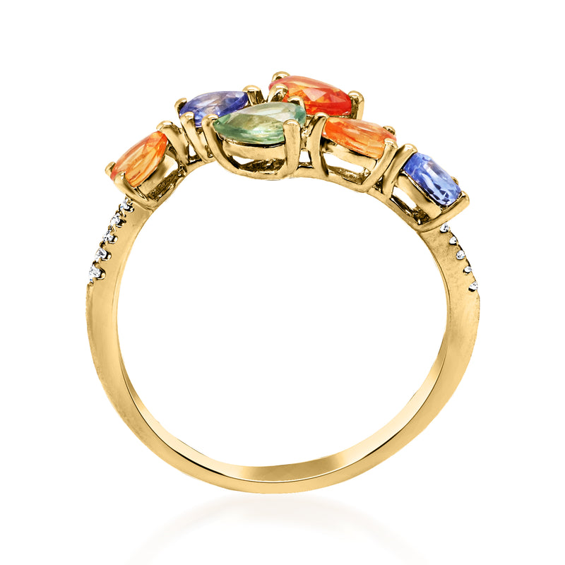 Yellow gold bypass ring with multicolored sapphires and small diamond accents
