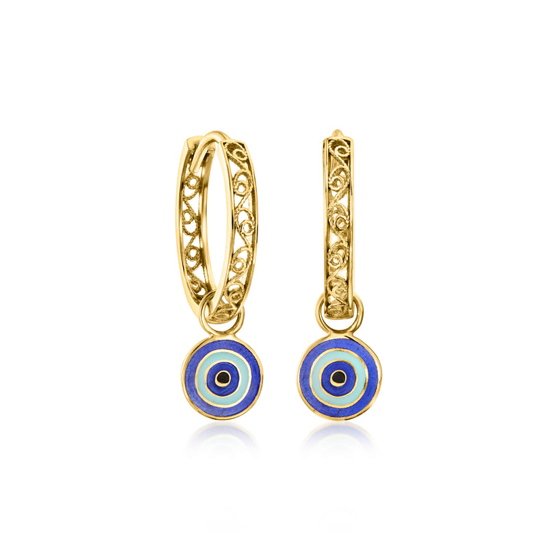 Gold filigree huggie hoop earrings with blue enamel evil eye charms