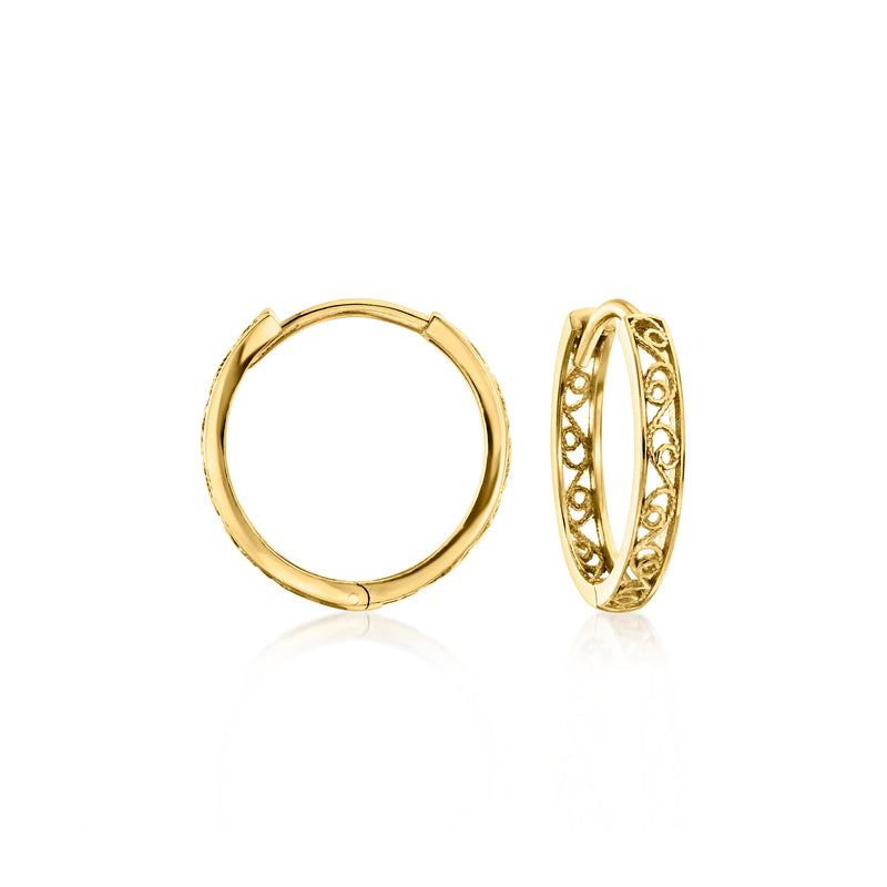 Gold filigree huggie hoop earrings with decorative openwork hoops
