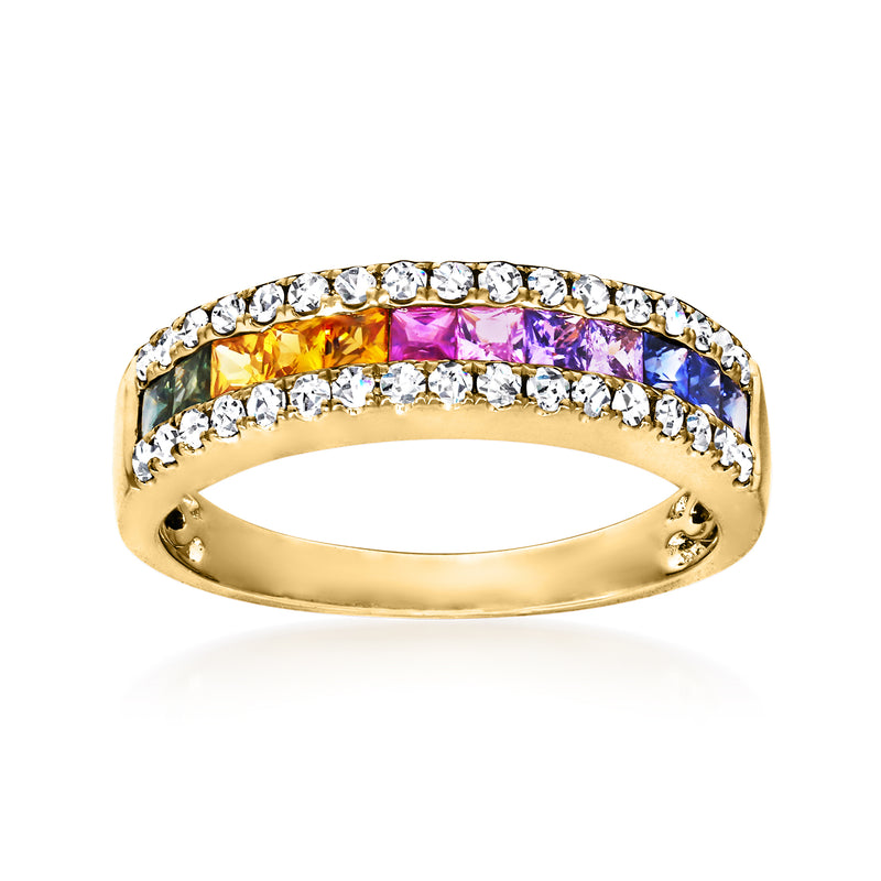14kt yellow gold ring with multicolored sapphire stones and diamond accents