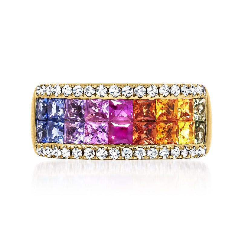 14kt yellow gold ring with multicolored sapphire and diamond rectangular band