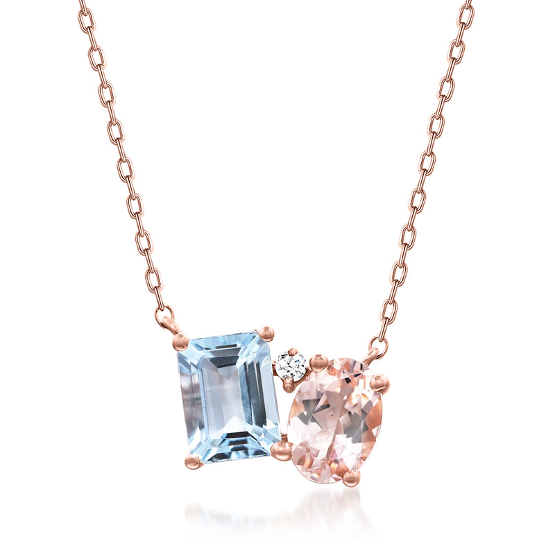 14kt rose gold toi et moi necklace with aquamarine and morganite stones, diamond accent