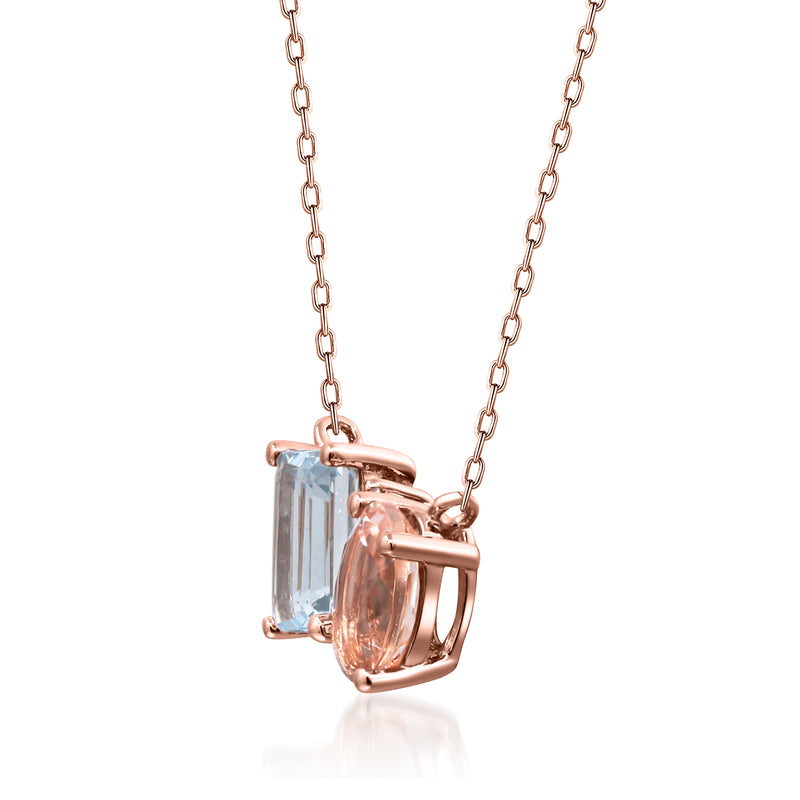 14kt rose gold pendant necklace, side view of aquamarine and morganite in prong settings