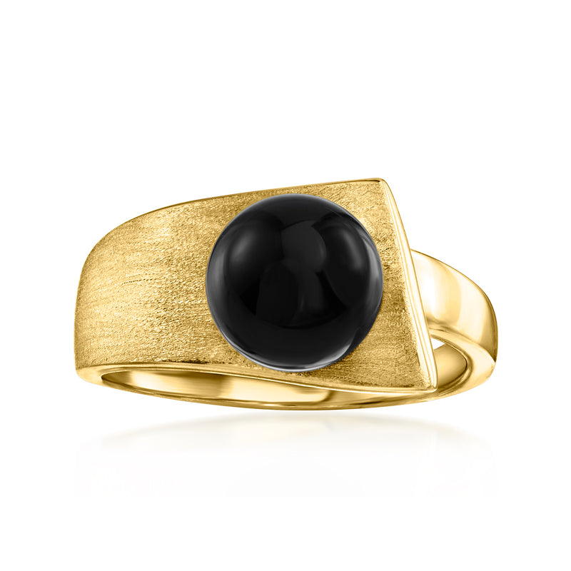 Gold wrap ring with oval black onyx stone, wide textured band, open side
