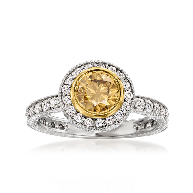 Vintage halo diamond ring with round champagne center stone in white gold