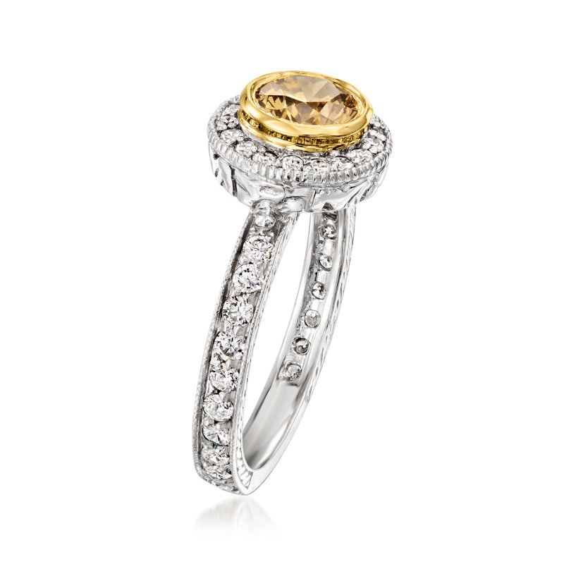 Vintage 18kt white gold halo ring with brown center diamond and white diamond accents