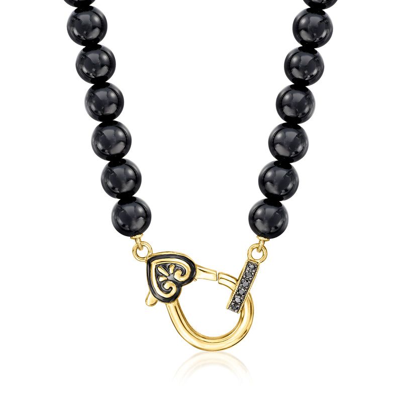 Black agate bead necklace with oversized gold lobster clasp and small diamond accents