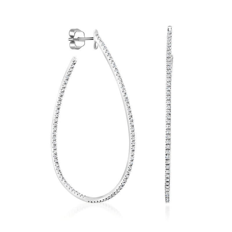 Diamond teardrop hoop earrings in 14kt white gold, shown front and side views