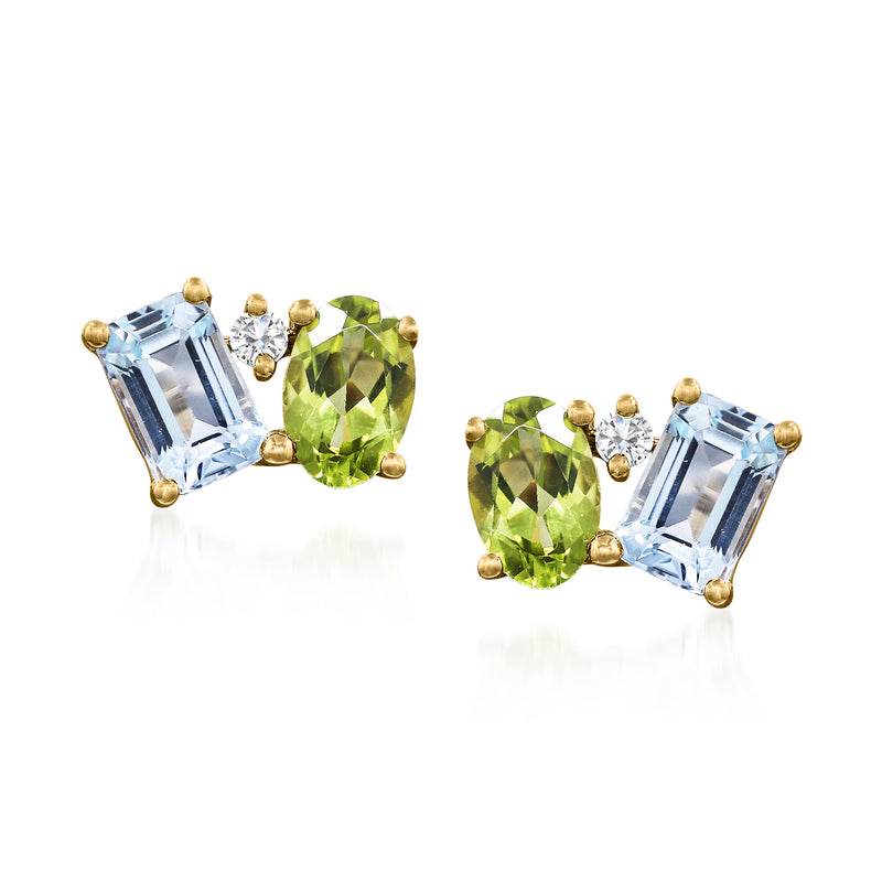 Yellow gold toi et moi post earrings with sky-blue emerald-cut topaz, oval peridot, diamonds