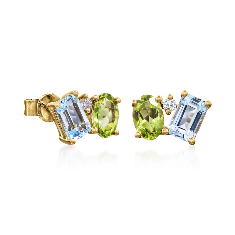 Yellow gold toi et moi post earrings, blue emerald-cut topaz and oval peridot with diamond accents