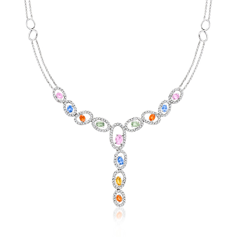 18kt white gold Y-necklace with multicolored oval sapphire links and diamond accents