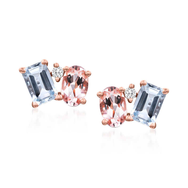 14kt rose gold toi et moi stud earrings, emerald-cut aquamarine and morganite with diamond accents