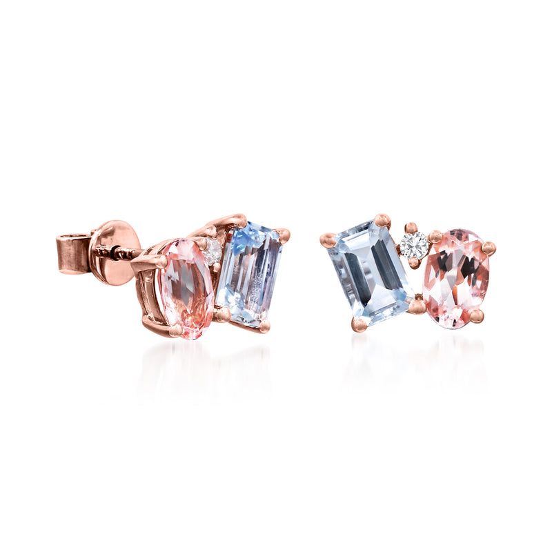 14kt rose gold post earrings, aquamarine and morganite stones with diamond accents