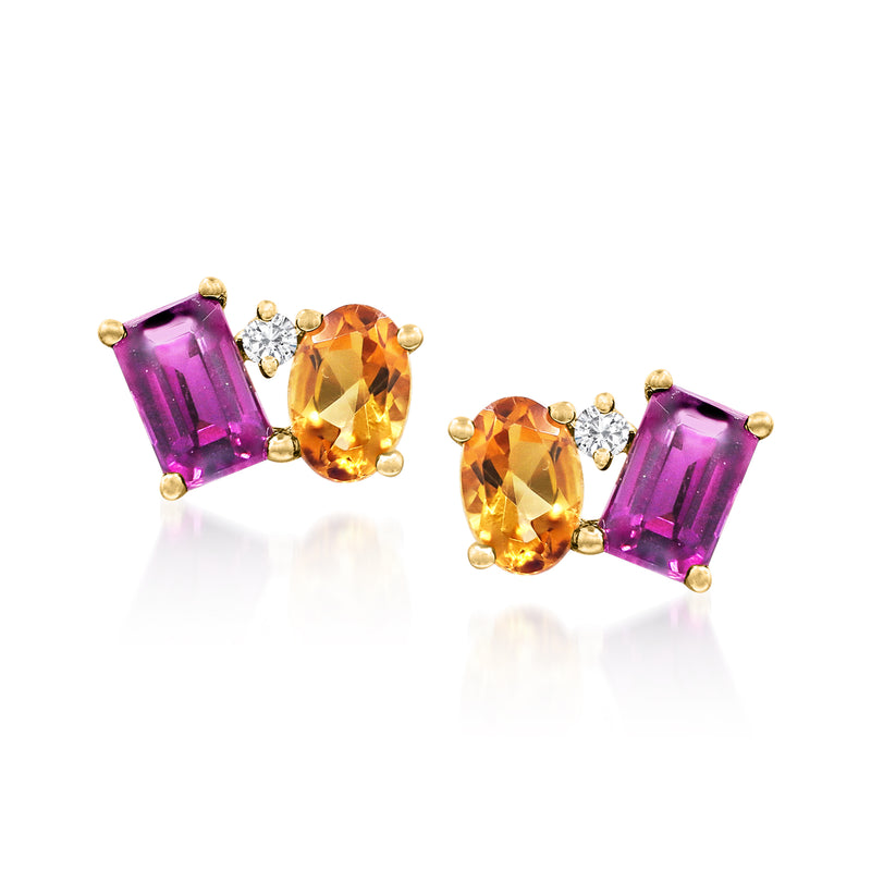 14kt yellow gold stud earrings with purple emerald-cut and orange oval gemstones and diamonds