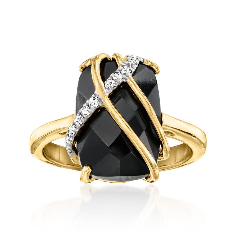 Gold-tone onyx and white topaz ring with faceted black oval center and sparkle accents