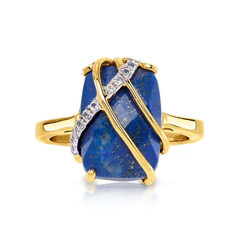Gold-tone oval blue stone ring with white accent stones, split shoulders