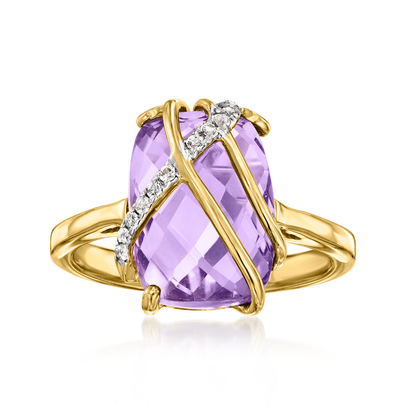Gold over sterling ring with large purple amethyst teardrop and white sparkle accents