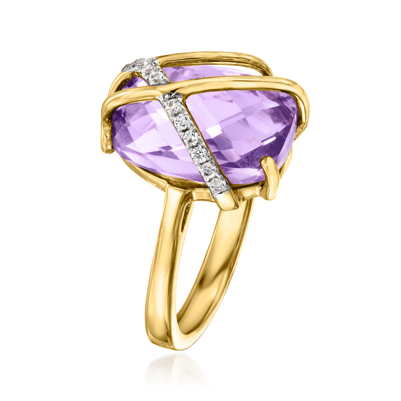 Gold over sterling ring with large purple amethyst cushion, open crisscross top