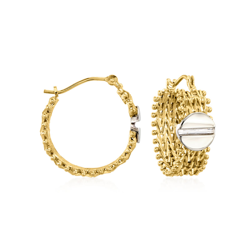 Two-tone gold link hoop earrings with white enamel accents