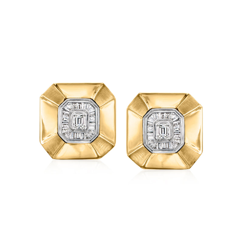 Octagonal diamond stud earrings in 14kt yellow gold with platinum halo