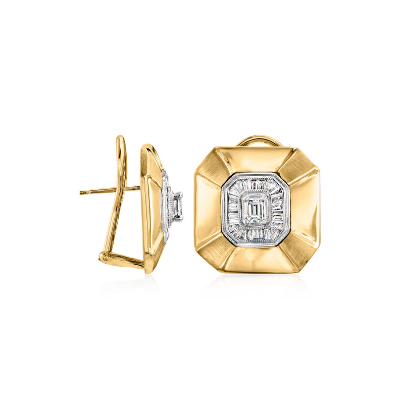 Octagonal diamond stud earrings, post backs, yellow gold with platinum border