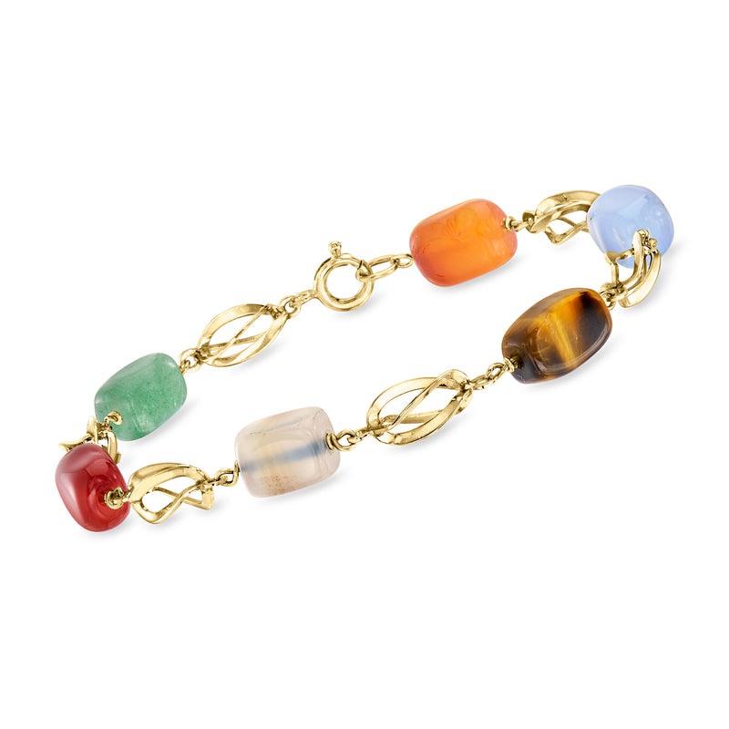 Multi-gemstone bead bracelet with 14kt yellow gold links and colored stone beads