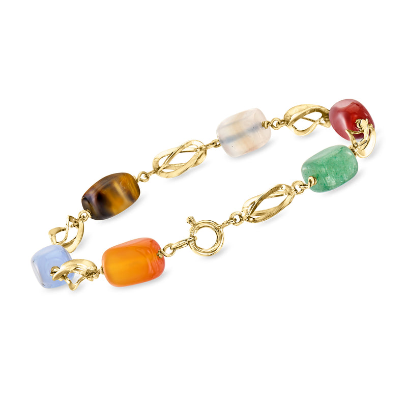 Multi-gemstone bead bracelet, angled view, 14kt yellow gold with colorful stone beads