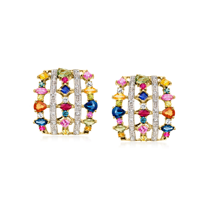 Multicolored gemstone earrings with diamond accents in 18k yellow gold bezel