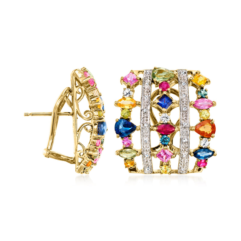 Multicolored gemstone earrings side view with hinged clip back and 18k yellow gold bezel