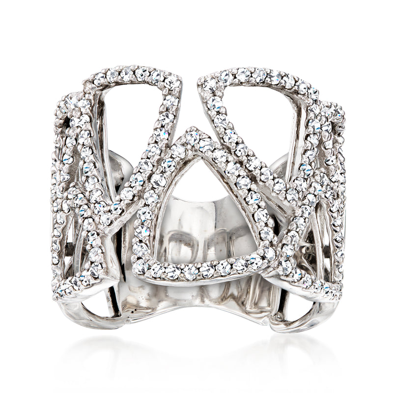 Geometric openwork diamond ring in 14kt white gold, glittering pave detail