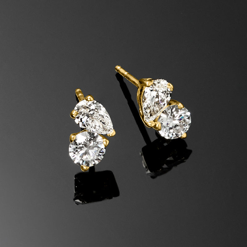 14kt yellow gold toi et moi post earrings with two lab-grown diamonds in prong settings