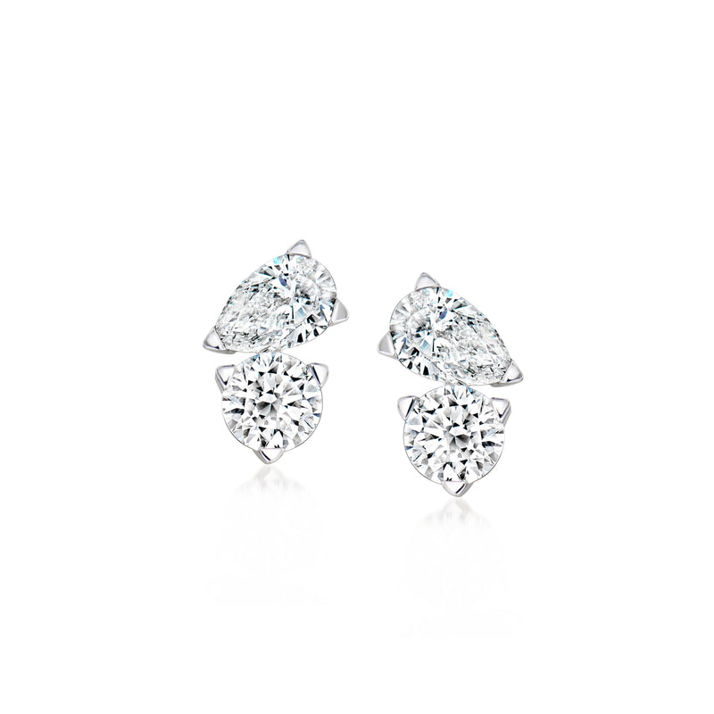 Toi et moi diamond stud earrings in 14kt white gold, post back, two stone clusters